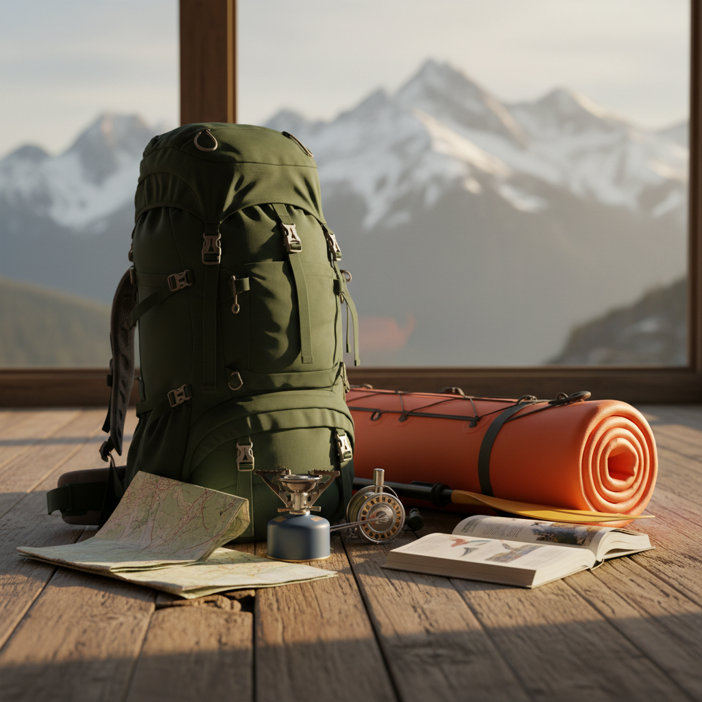 A carefully packed hiking backpack in deep forest green, standing upright on a rustic wooden lodge floor. Around it lies a curated selection of outdoor hobby travel essentials: folded topographic map, compact camping stove, fishing reel, birdwatching guidebook, and a rolled-up inflatable kayak. Through a nearby panoramic window, snow-capped mountains are visible, softly blurred to maintain focus on the gear. Golden hour sunlight streams in at an angle, creating warm highlights on metal buckles and subtle shadows beneath the objects. Shot from a slightly elevated perspective using the rule of thirds to keep the backpack dominant. The mood is adventurous yet methodically planned, emphasizing customized outdoor hobby journeys. Photographic realism with natural, earthy tones.