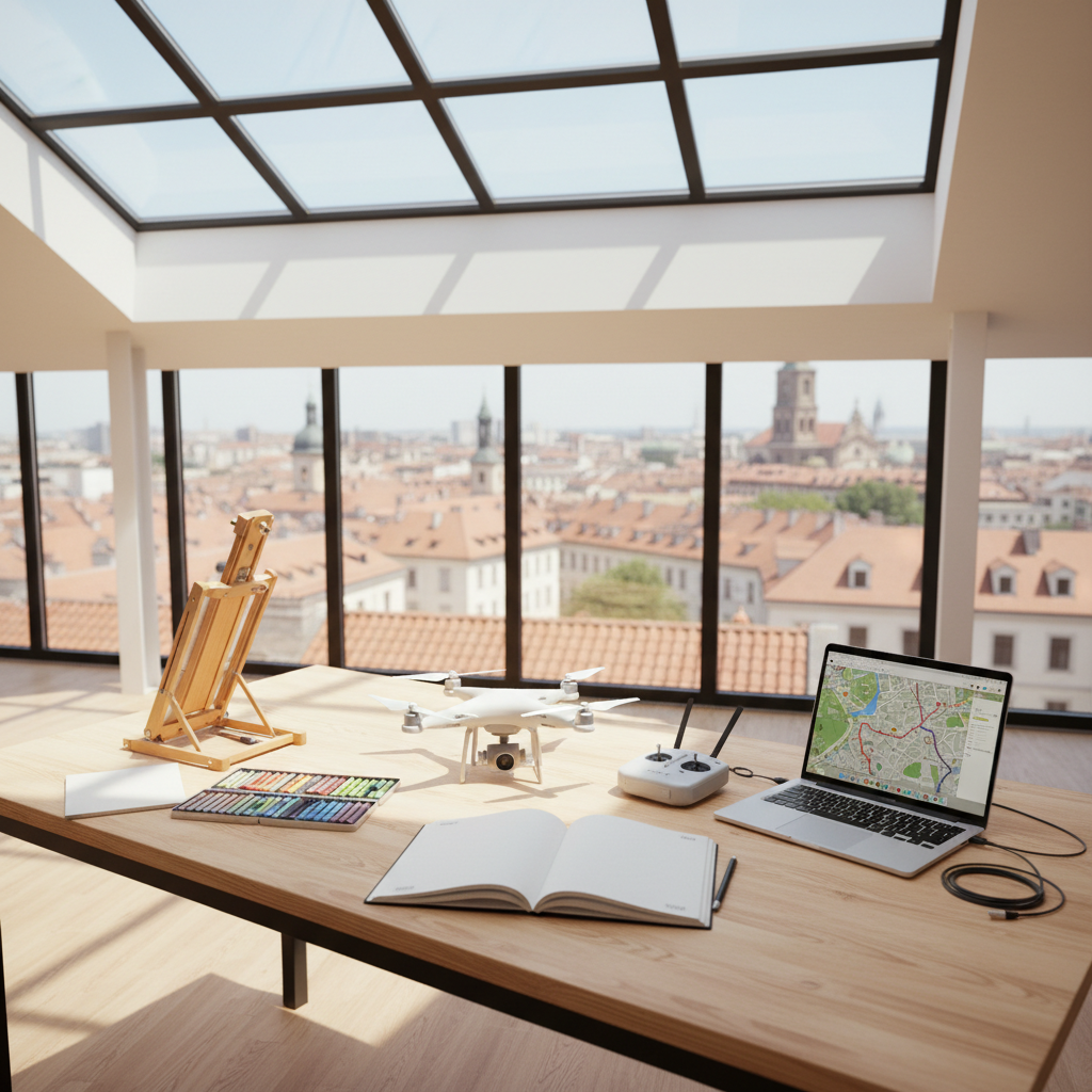 A pristine wooden workbench inside a bright, modern studio space on a European city rooftop, covered with neatly organized hobby items for a creative city-break: a compact travel easel, open sketchbook with blank pages, small box of oil pastels, foldable drone, and a sleek laptop displaying a map interface. Large skylights above flood the scene with diffused midday natural light, eliminating harsh shadows and giving everything a soft, even glow. The skyline outside, visible through floor-to-ceiling windows, is gently blurred. Captured from a three-quarter overhead angle, the composition feels structured but relaxed. The mood is focused and optimistic, conveying the preparation for a tailored urban hobby trip. Photographic realism with a clean, contemporary aesthetic.