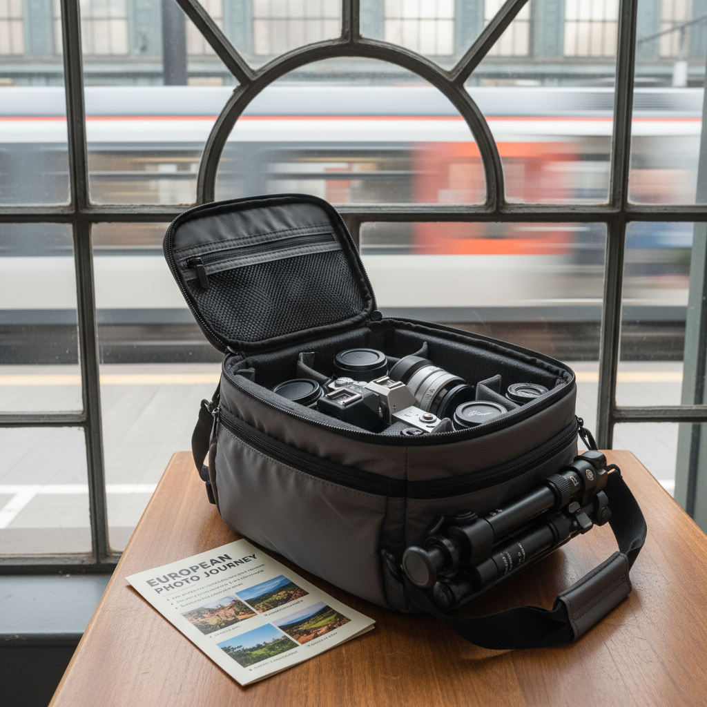 A sleek, modern camera bag in charcoal gray, unzipped on a cafe-style wooden table beside a large train-station window. Inside, custom-cut foam cradles a mirrorless camera, compact lenses, and a small travel tripod, alongside a folded printed itinerary marked with scenic photography spots. Outside the window, blurred motion suggests passing trains. Soft, overcast daylight filters through the glass, creating gentle, diffused illumination with minimal shadow. Shot from a slightly elevated angle with shallow depth of field, keeping the gear sharply in focus while the urban travel environment melts into a creamy bokeh. The mood is calm, professional, and creative, ideal for illustrating photography-themed hobby trips. Photographic realism with a clean, documentary aesthetic.
