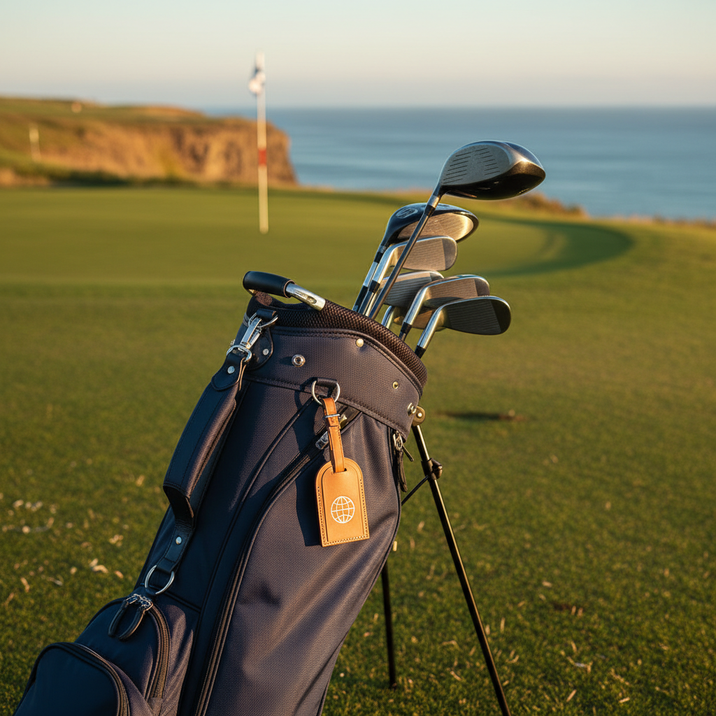 An immaculate golf travel bag in deep navy, standing on a manicured fairway edge at an exclusive coastal golf resort. A few polished club heads peek from the top, while a luggage tag with an understated globe icon hangs from the handle. In the background, gently out of focus, a cliffside green overlooks a calm ocean. Late afternoon golden light bathes the scene, casting long, soft shadows and adding a warm sheen to the metal club faces. Captured at low angle, slightly off-center to follow the rule of thirds, with moderate depth of field emphasizing the bag. The mood is luxurious and aspirational, promoting bespoke golf-focused holidays. Photographic realism with vibrant yet sophisticated colors.