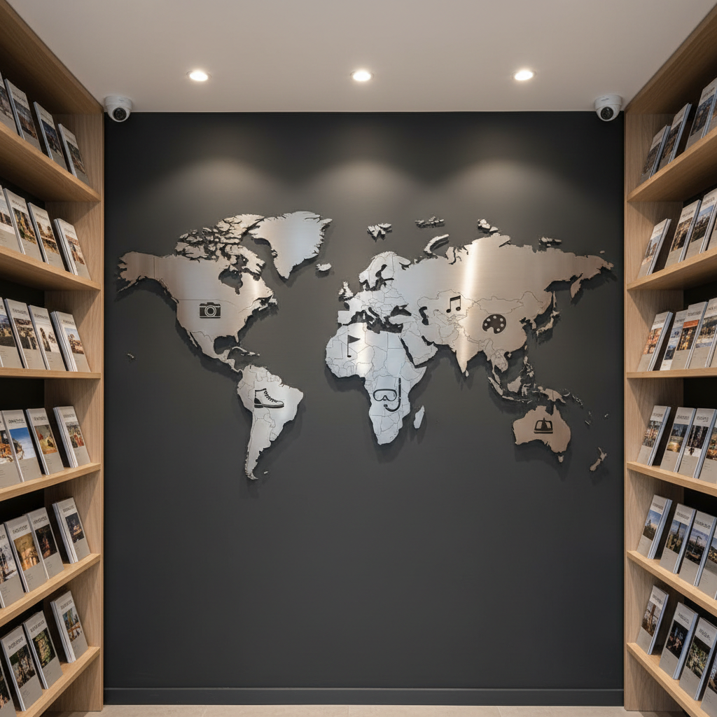 An elegant, wall-mounted world map made of brushed metal panels, each continent subtly engraved with icons representing different hobbies: a small camera, paint palette, golf flag, diving mask, hiking boot, and musical notes. The map is centered on a dark charcoal wall in a minimalist travel agency office, framed by light wood shelves holding neatly stacked travel guides. Warm, directional ceiling spotlights create soft reflections on the metal surfaces and cast precise shadows, emphasizing depth and craftsmanship. Captured straight-on with sharp focus throughout, the composition is symmetrical and balanced. The atmosphere is professional, inspiring, and organized, conveying the idea of globally curated hobby trips. Photographic realism with a clean, corporate look.