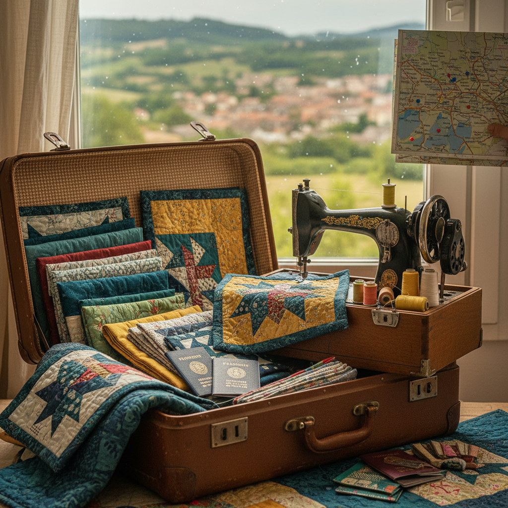 Et elegant billede med patchworktæpper, syning og farverige stofstykker, hobbyrejse med patchwork-tema, kvadratisk beskæring