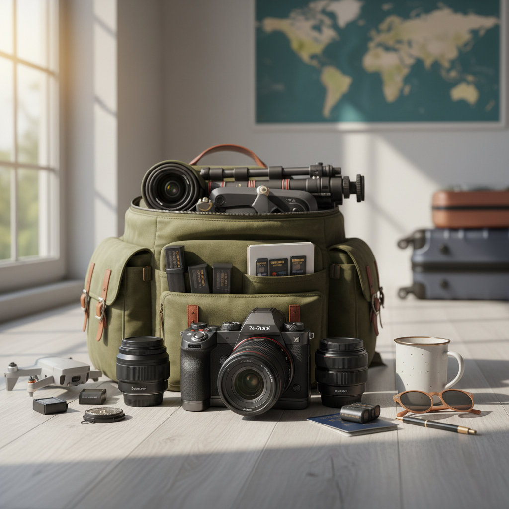 Et roligt, professionelt billede af et moderne kamera og fotoudstyr klar til rejse, hobbyrejse med foto-tema, kvadratisk beskæring