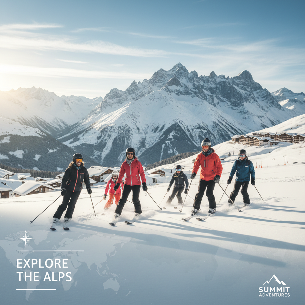 Et moderne, lyst foto af glade folk der står på ski i sneklædte bjerge, rejsetema, passer til en professionel rejsehjemmeside