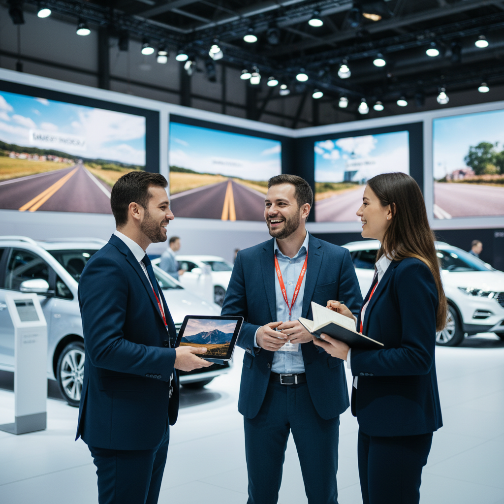 Et moderne, professionelt foto af folk der er på bilmesse, indendørs messehal, biler og stande i baggrunden, fokus på mennesker der taler sammen, rejseinspireret stemning, skarpt og lyst foto