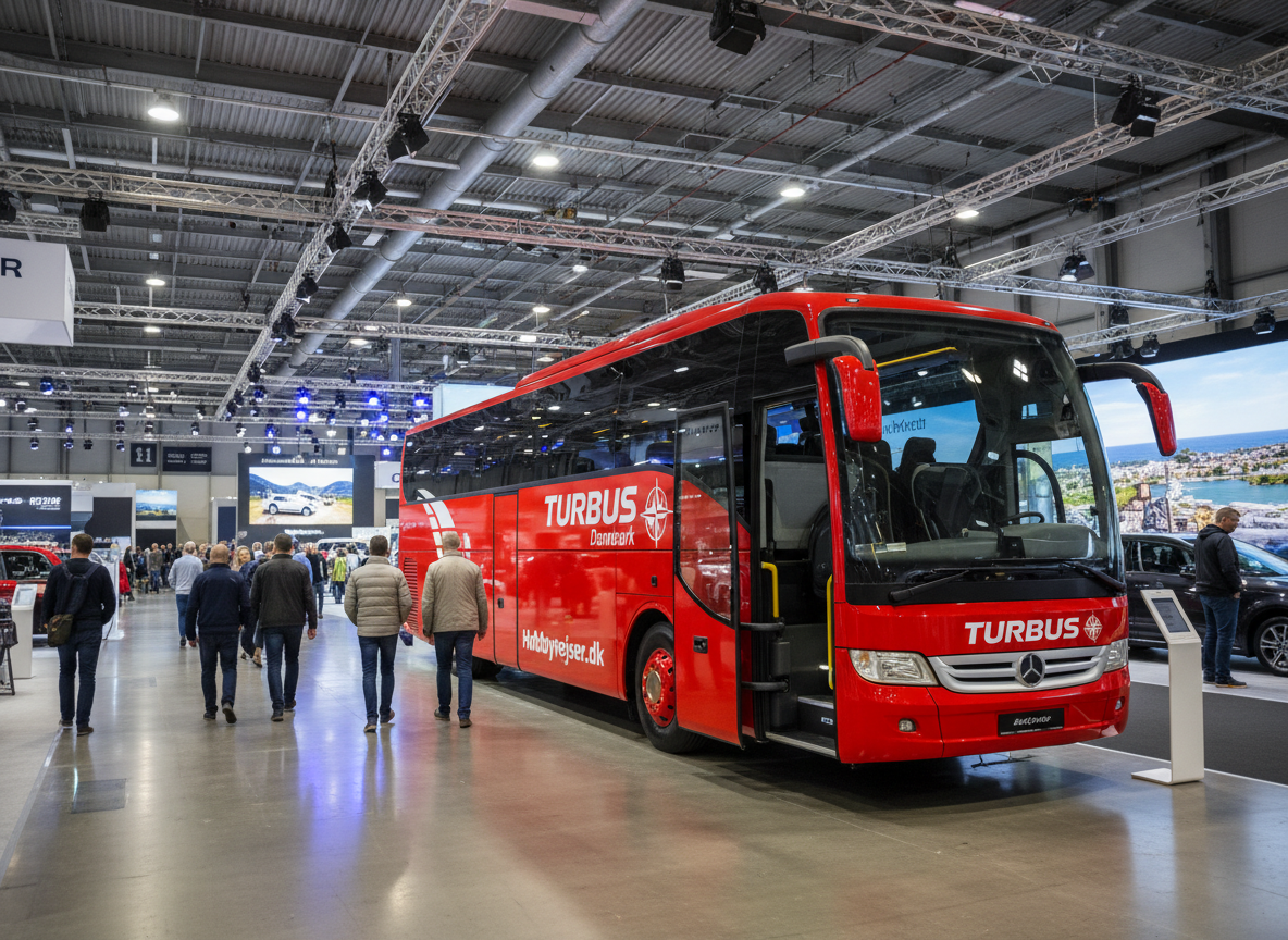 Rød turistbus med teksten "TURBUS Danmark" og "Hobbyrejser.dk" på siden, udstillet indendørs på bilmesse